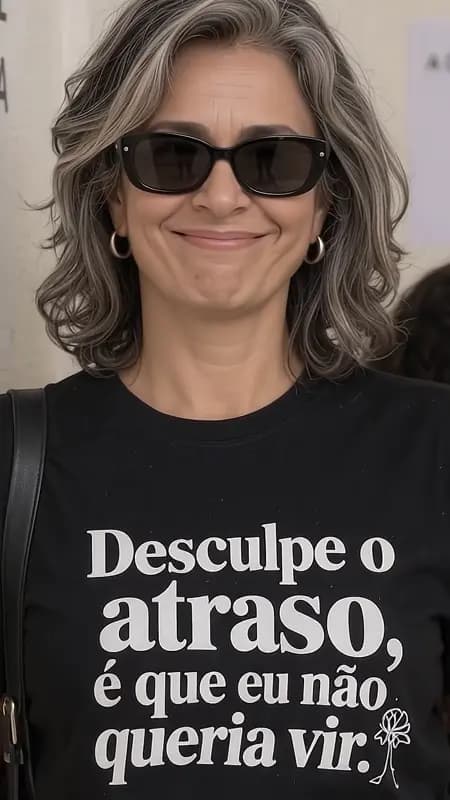 Pessoa vestindo a camiseta Desculpe o atraso, é que eu não queria vir.